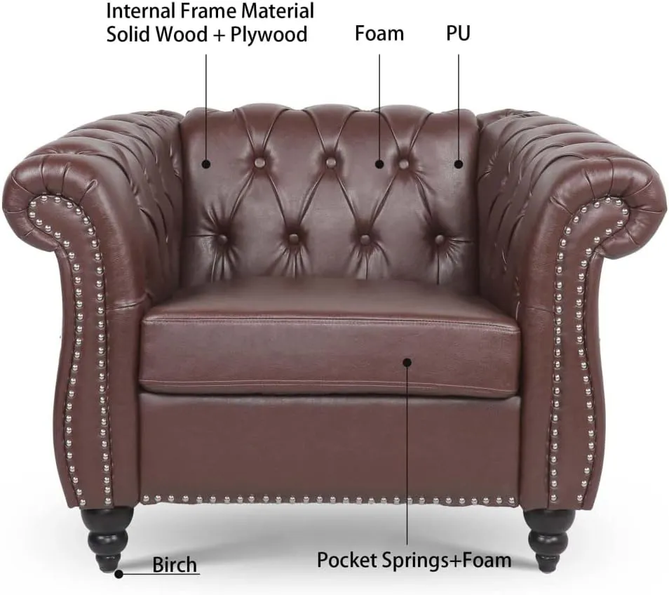 Modern Chesterfield Armchair PU Leather, Rolled Arm Tufted Back Accent Chairs, Upholstery Nailhead Trim for Living Room Office (Dark Brown)