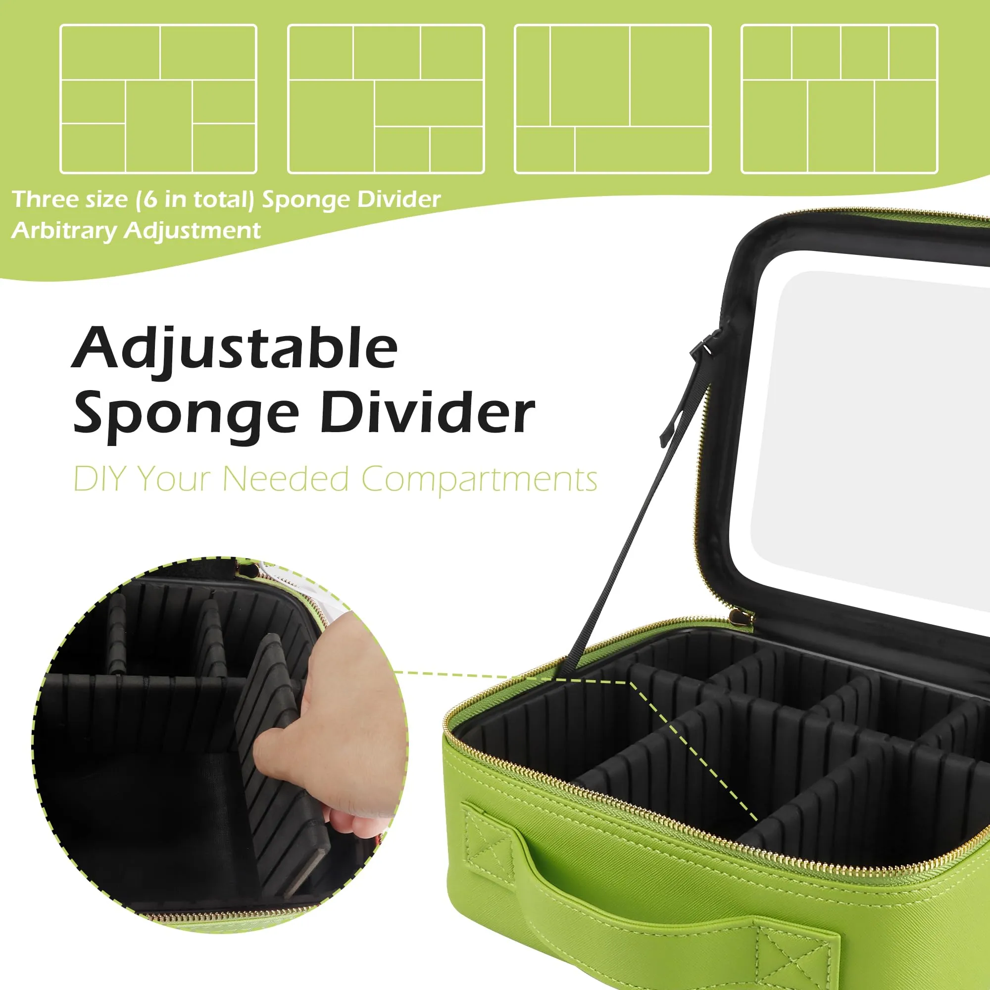 MOMIRA Travel Makeup Bag Cosmetic Bag Makeup Organizer Bag with Large Lighted Mirror 3 Color Scenarios Adjustable Brightness, Waterproof Makeup Travel Case(Grass Green)