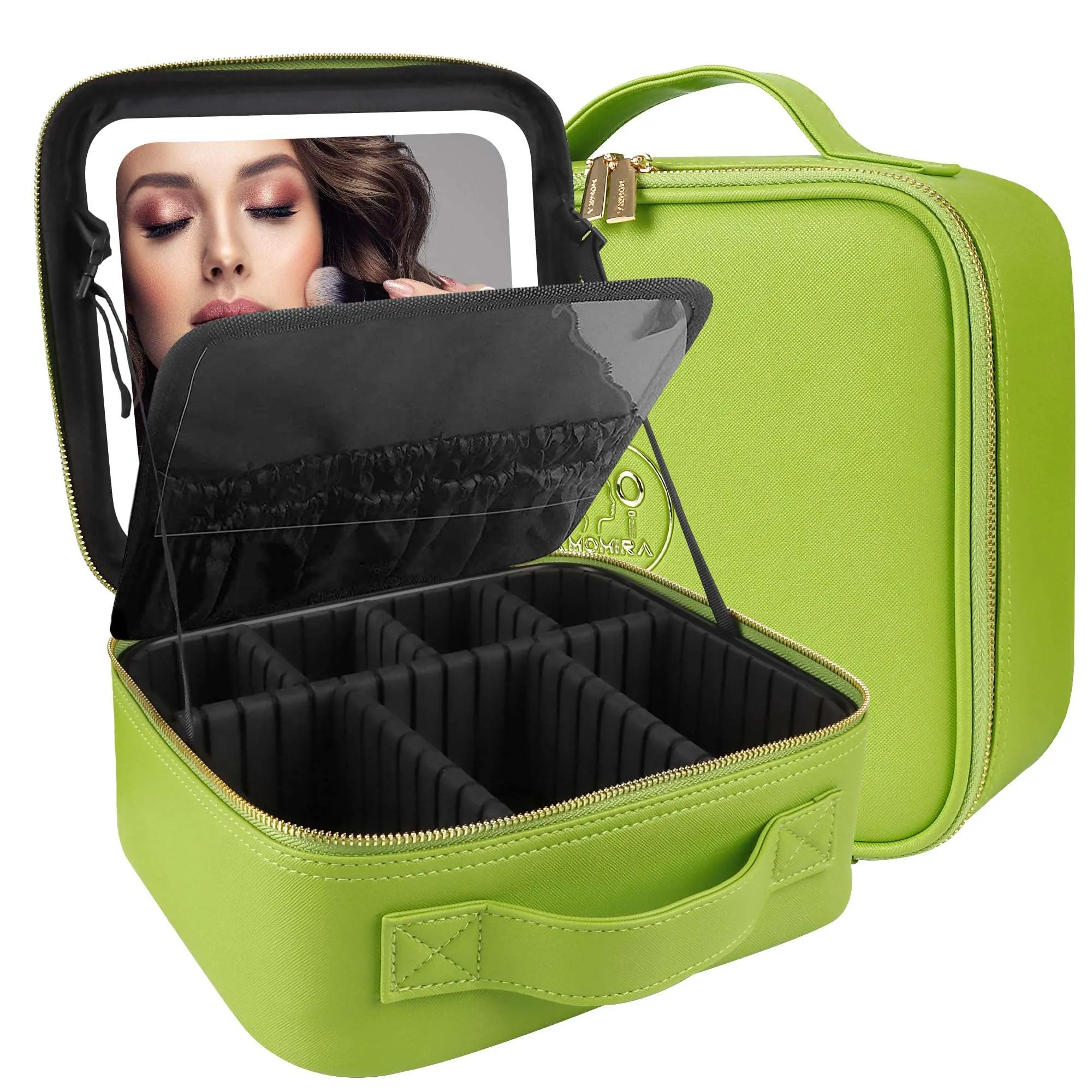 MOMIRA Travel Makeup Bag Cosmetic Bag Makeup Organizer Bag with Large Lighted Mirror 3 Color Scenarios Adjustable Brightness, Waterproof Makeup Travel Case(Grass Green)