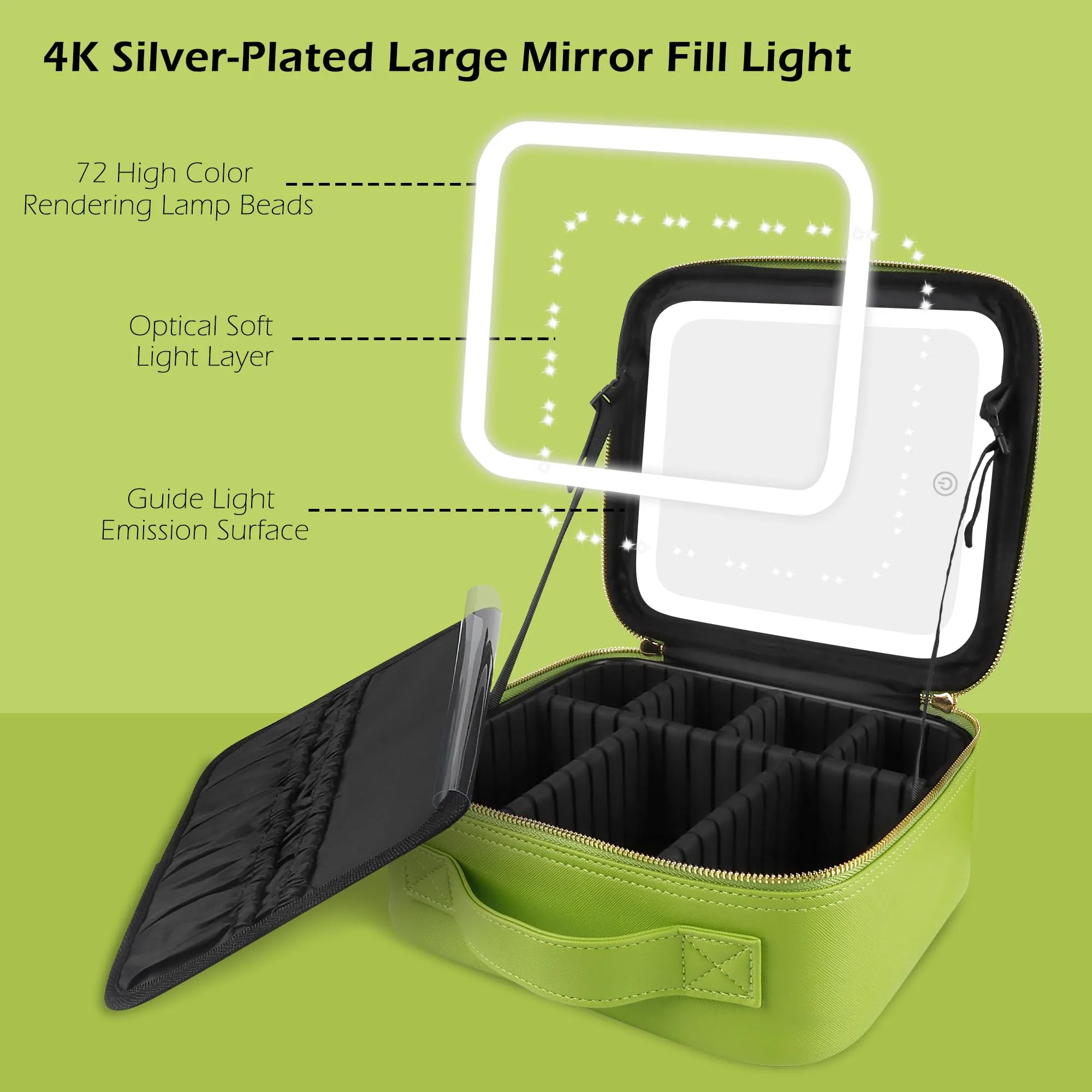 MOMIRA Travel Makeup Bag Cosmetic Bag Makeup Organizer Bag with Large Lighted Mirror 3 Color Scenarios Adjustable Brightness, Waterproof Makeup Travel Case(Grass Green)