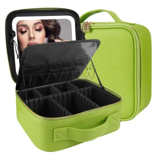 MOMIRA Travel Makeup Bag Cosmetic Bag Makeup Organizer Bag with Large Lighted Mirror 3 Color Scenarios Adjustable Brightness, Waterproof Makeup Travel Case(Grass Green)