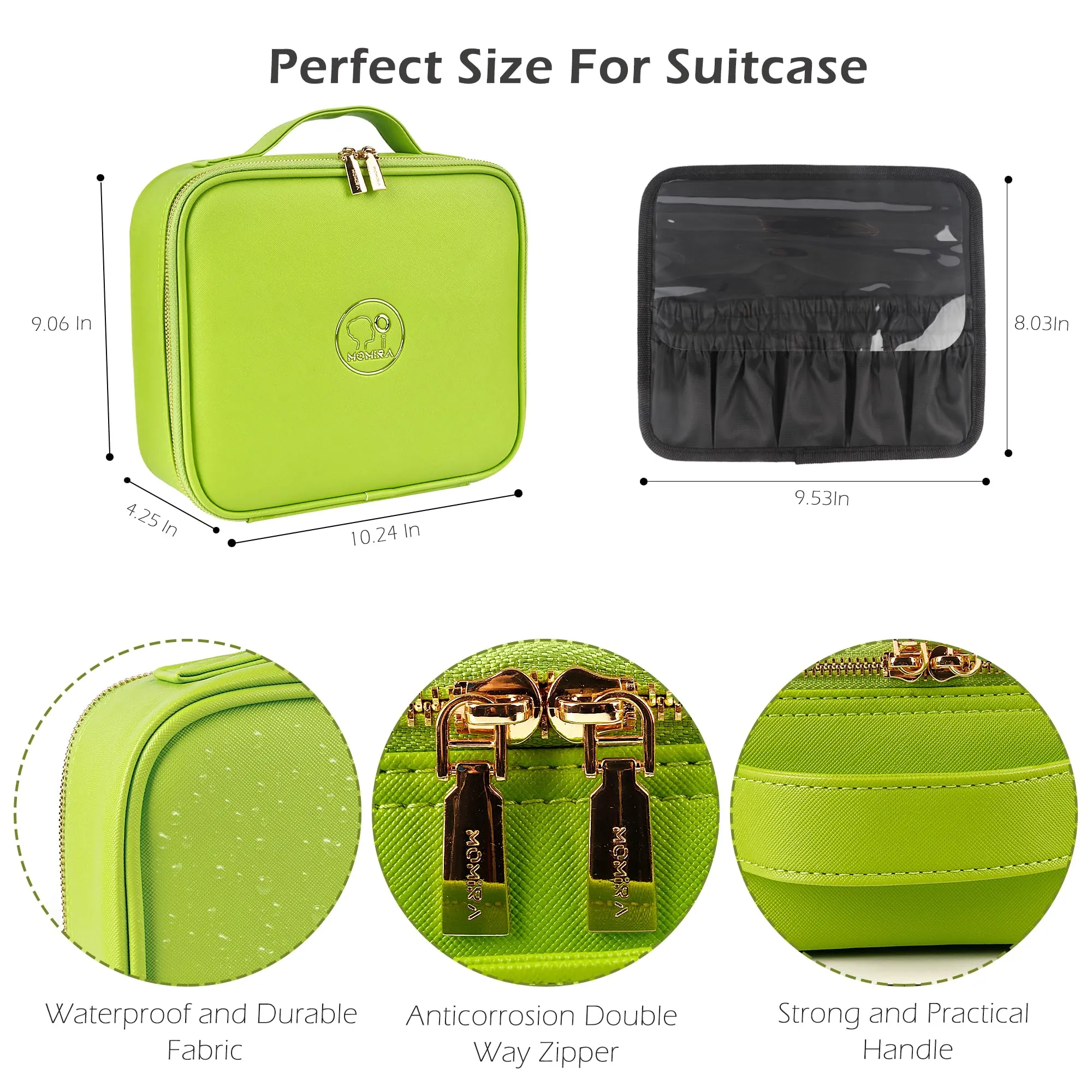 MOMIRA Travel Makeup Bag Cosmetic Bag Makeup Organizer Bag with Large Lighted Mirror 3 Color Scenarios Adjustable Brightness, Waterproof Makeup Travel Case(Grass Green)