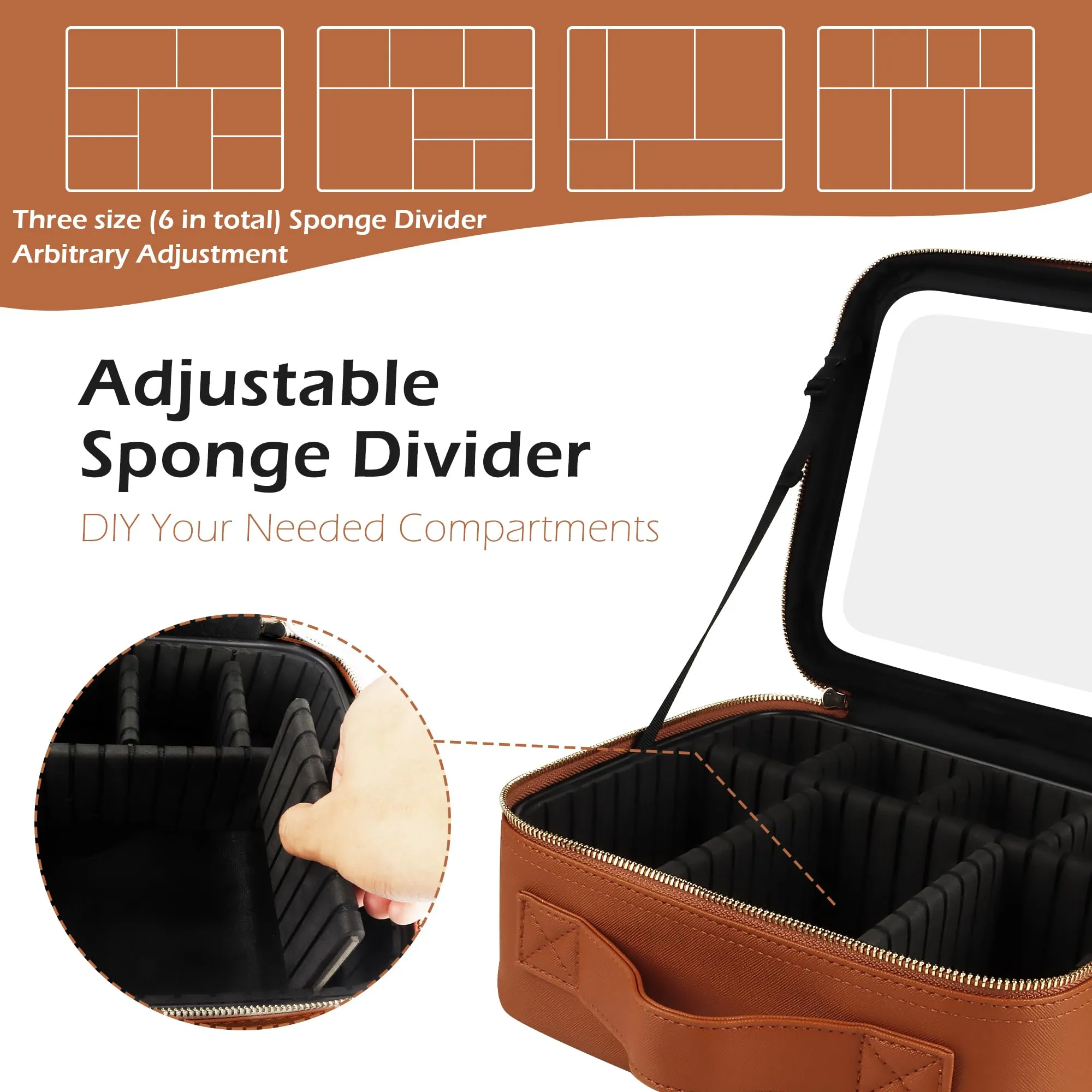 MOMIRA Travel Makeup Bag Cosmetic Bag Makeup Organizer Bag with Large Lighted Mirror 3 Color Scenarios Adjustable Brightness, Waterproof Makeup Travel Case（Tangerine Brown）