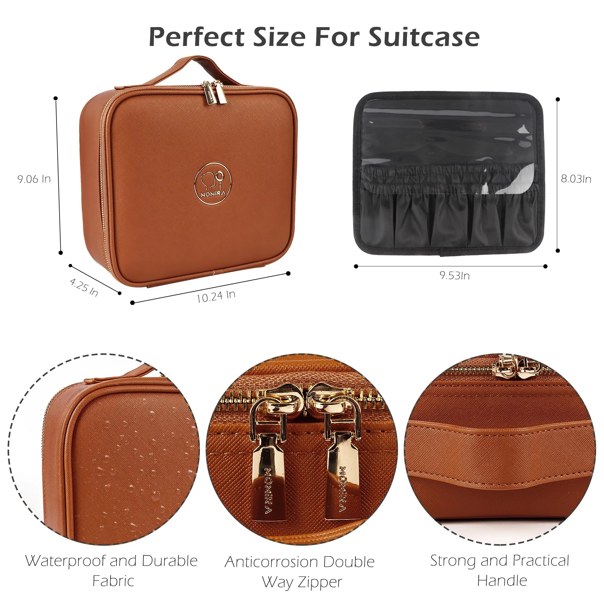 MOMIRA Travel Makeup Bag Cosmetic Bag Makeup Organizer Bag with Large Lighted Mirror 3 Color Scenarios Adjustable Brightness, Waterproof Makeup Travel Case（Tangerine Brown）