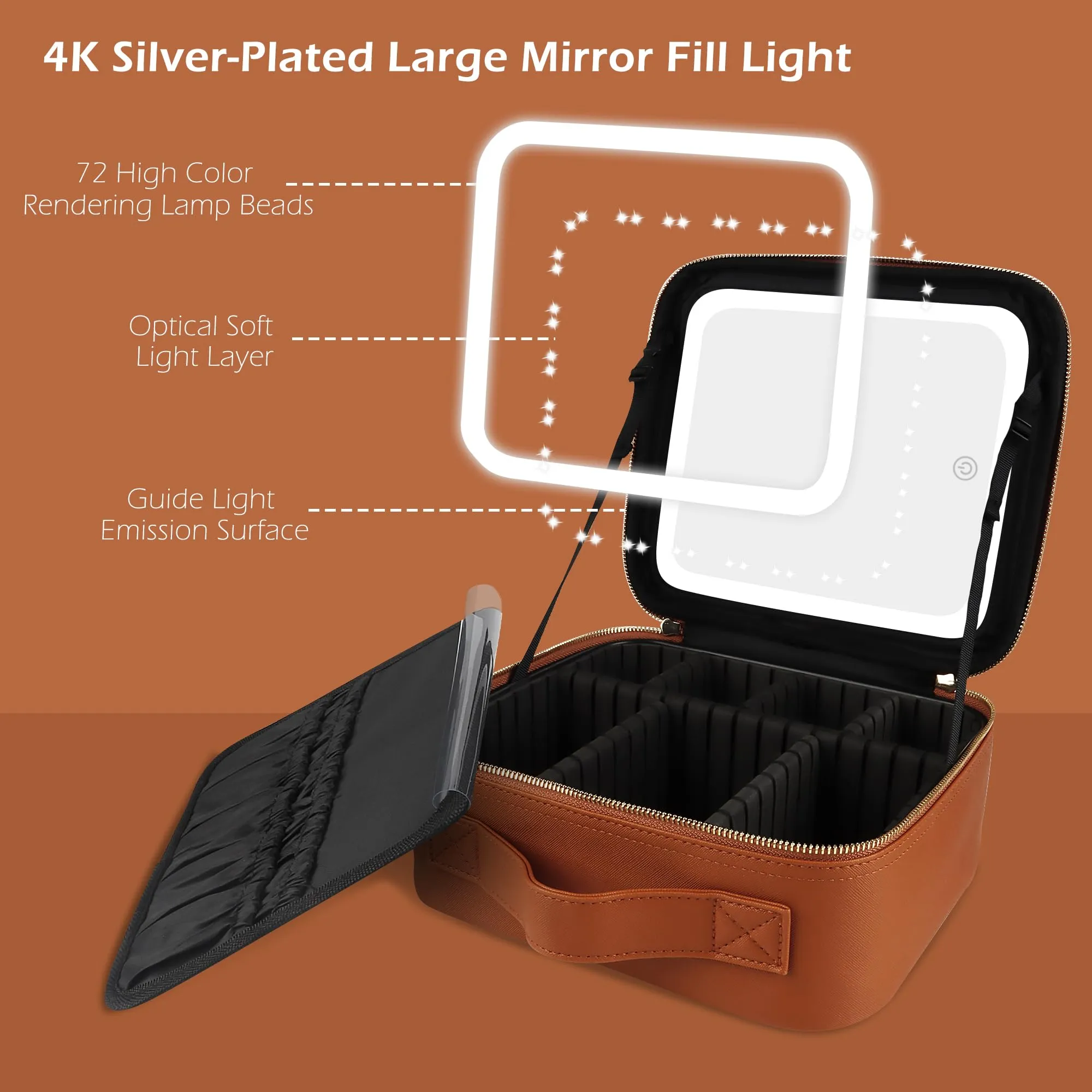 MOMIRA Travel Makeup Bag Cosmetic Bag Makeup Organizer Bag with Large Lighted Mirror 3 Color Scenarios Adjustable Brightness, Waterproof Makeup Travel Case（Tangerine Brown）