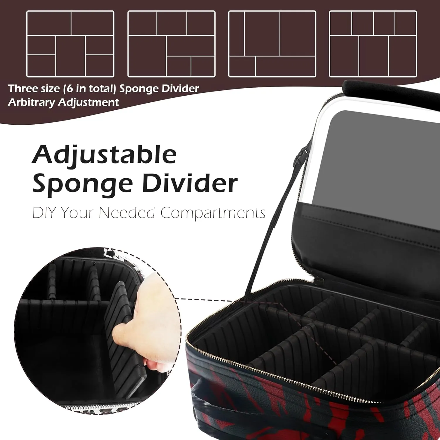 MOMIRA Travel Makeup Bag With LED Mirror,Train Case with Light up Mirror, Portable Makeup Artist Organizer Bag with Adjustable Dividers, Makeup Brush Holder Storage（Zebra Red）