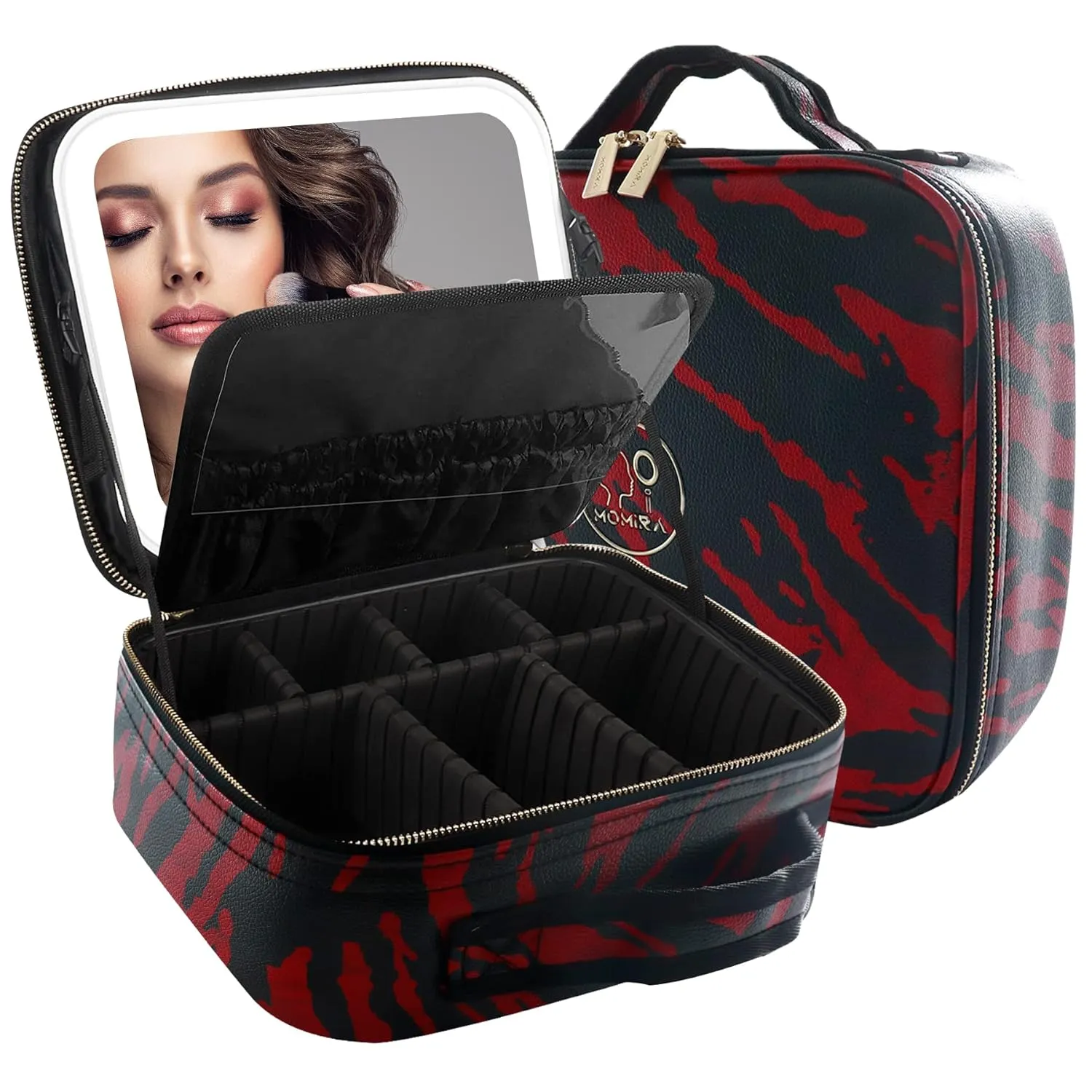 MOMIRA Travel Makeup Bag With LED Mirror,Train Case with Light up Mirror, Portable Makeup Artist Organizer Bag with Adjustable Dividers, Makeup Brush Holder Storage（Zebra Red）