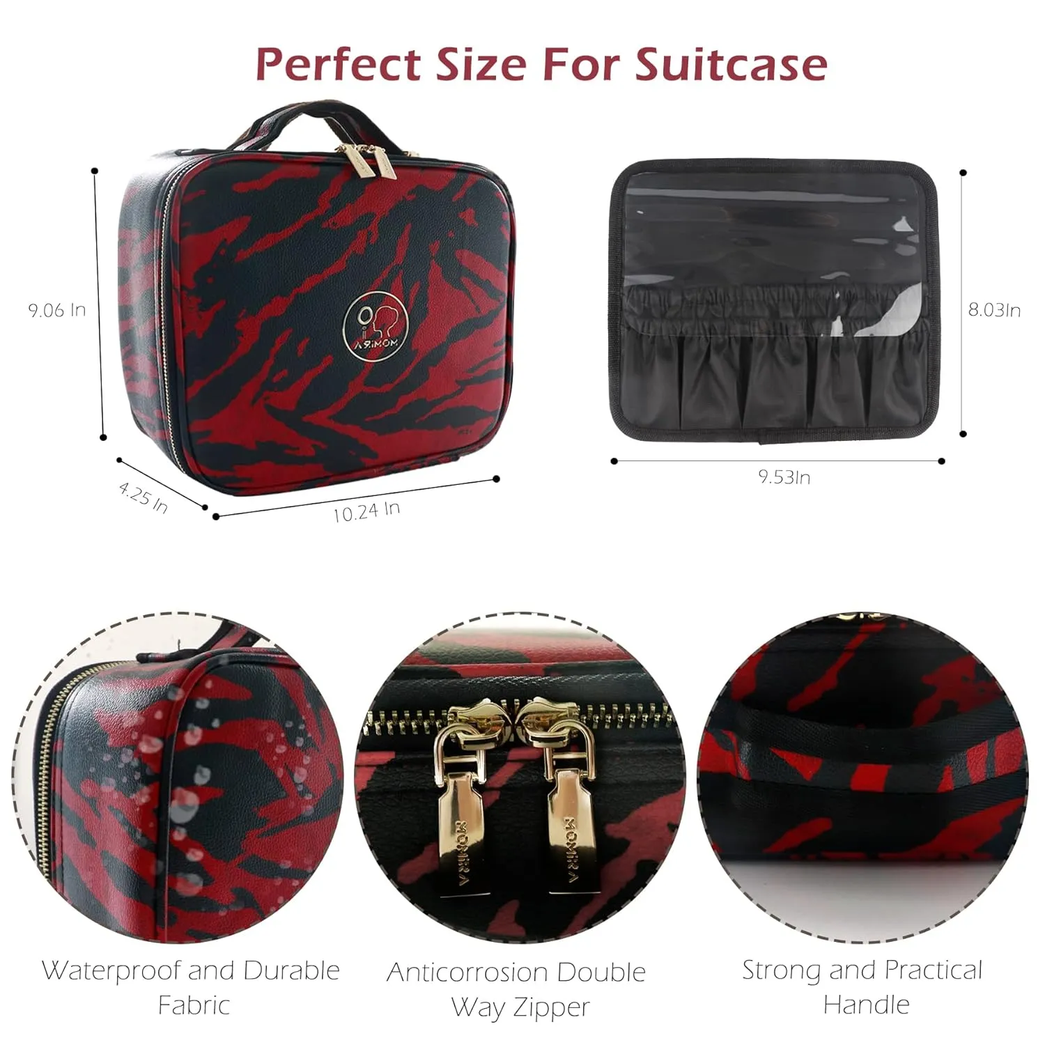 MOMIRA Travel Makeup Bag With LED Mirror,Train Case with Light up Mirror, Portable Makeup Artist Organizer Bag with Adjustable Dividers, Makeup Brush Holder Storage（Zebra Red）