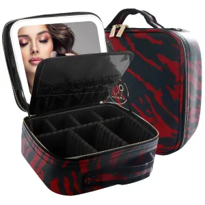 MOMIRA Travel Makeup Bag With LED Mirror,Train Case with Light up Mirror, Portable Makeup Artist Organizer Bag with Adjustable Dividers, Makeup Brush Holder Storage（Zebra Red）