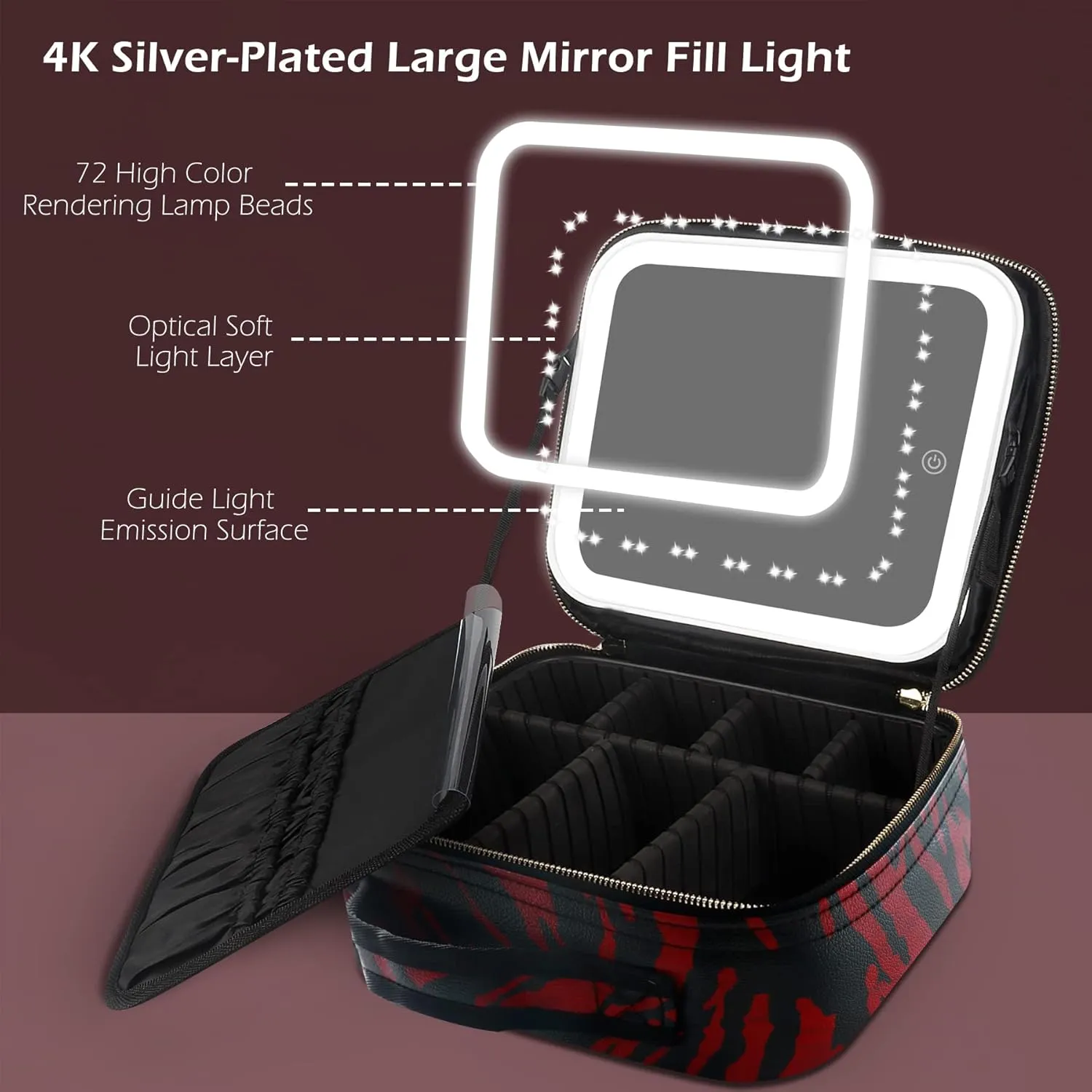 MOMIRA Travel Makeup Bag With LED Mirror,Train Case with Light up Mirror, Portable Makeup Artist Organizer Bag with Adjustable Dividers, Makeup Brush Holder Storage（Zebra Red）