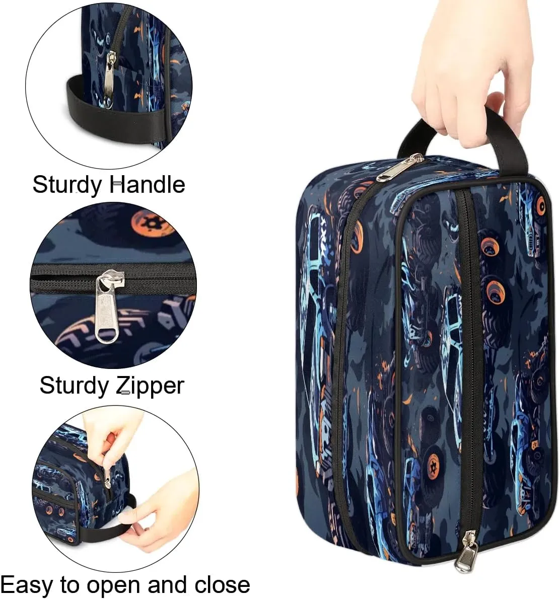 Monster Truck Car Hanging Toiletry Bag,Travel Hygiene Kits for Boys Mens,Waterproof Makeup Carry-on Bags,Cosmetic Bag,TSA Approved Shave Dopp Kit for Toiletries Shower Bathroom Accessories Gifts