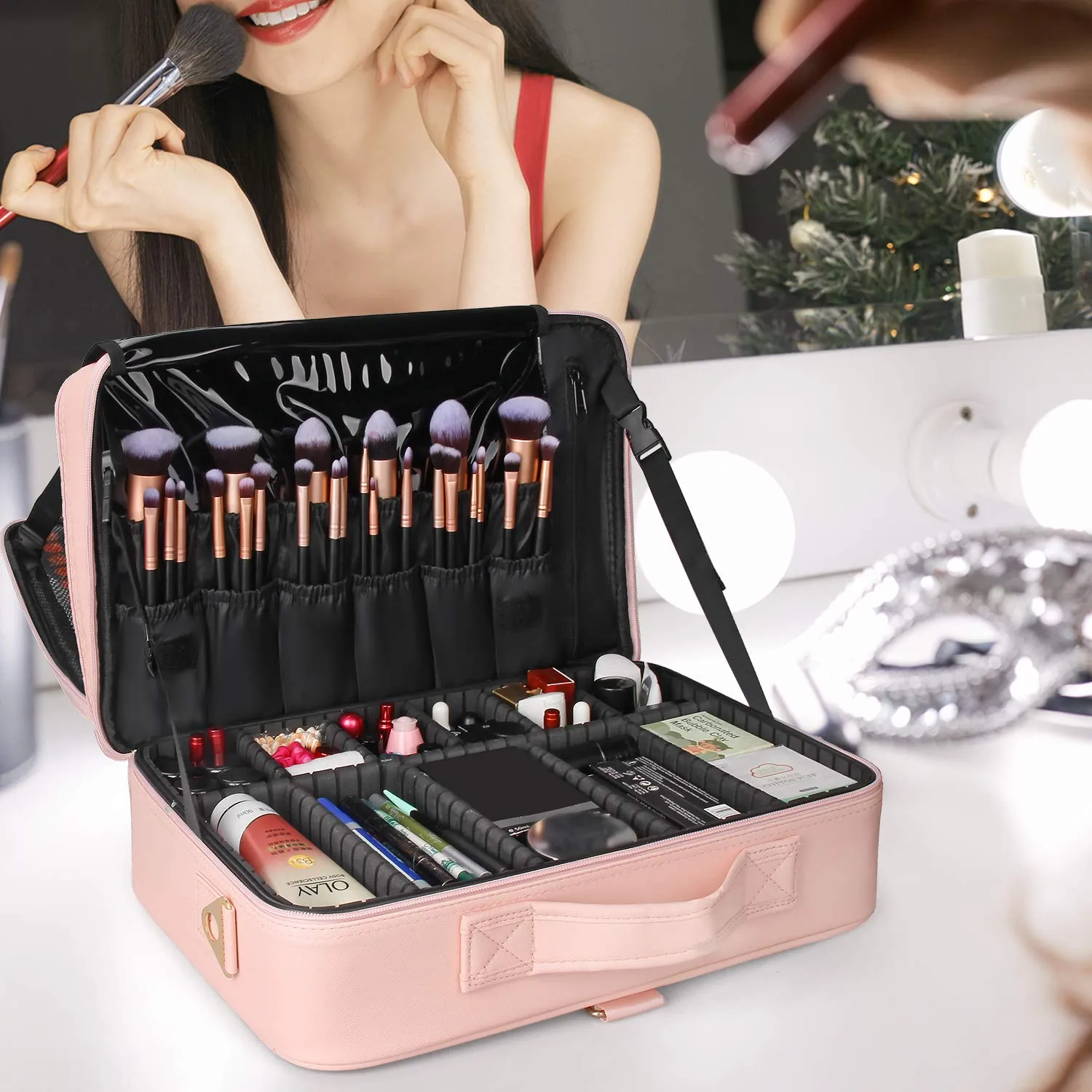 MONSTINA Cosmetic Bags 3 Layer Cosmetic Organizer Makeup Case Beauty Artist Storage Brush Box with Shoulder Strap (Large, PU Leather pink)