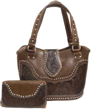 Montana West Ladies Concealed Gun Carry Purse Wallet Set Floral Tooling Coffee, Large