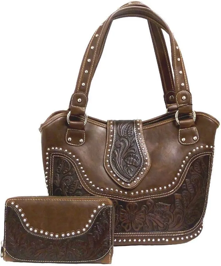 Montana West Ladies Concealed Gun Carry Purse Wallet Set Floral Tooling Coffee, Large