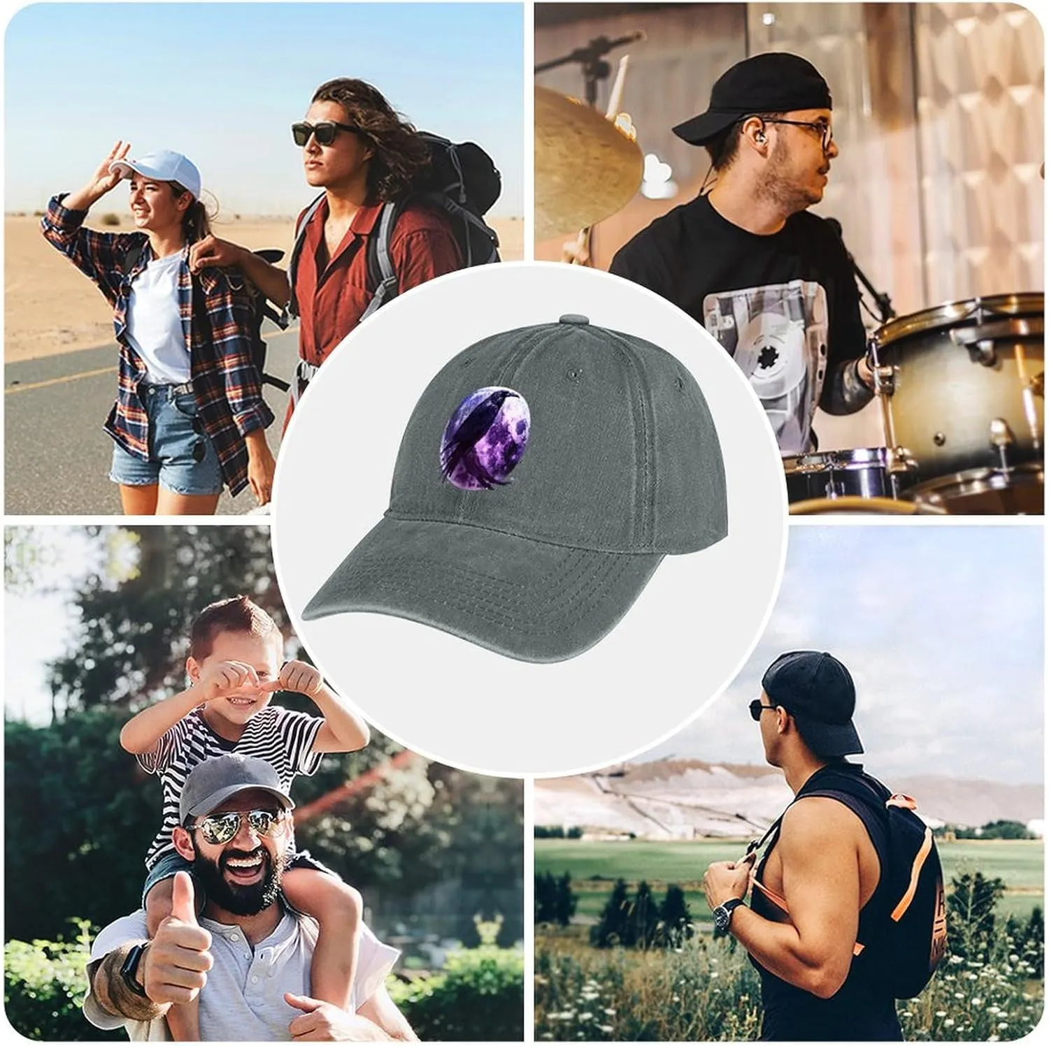 Moon and Raven Adjustable Baseball Cap Cotton Vintage Denim Sun Visor Dad Hat for Men Women