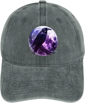 Moon and Raven Adjustable Baseball Cap Cotton Vintage Denim Sun Visor Dad Hat for Men Women