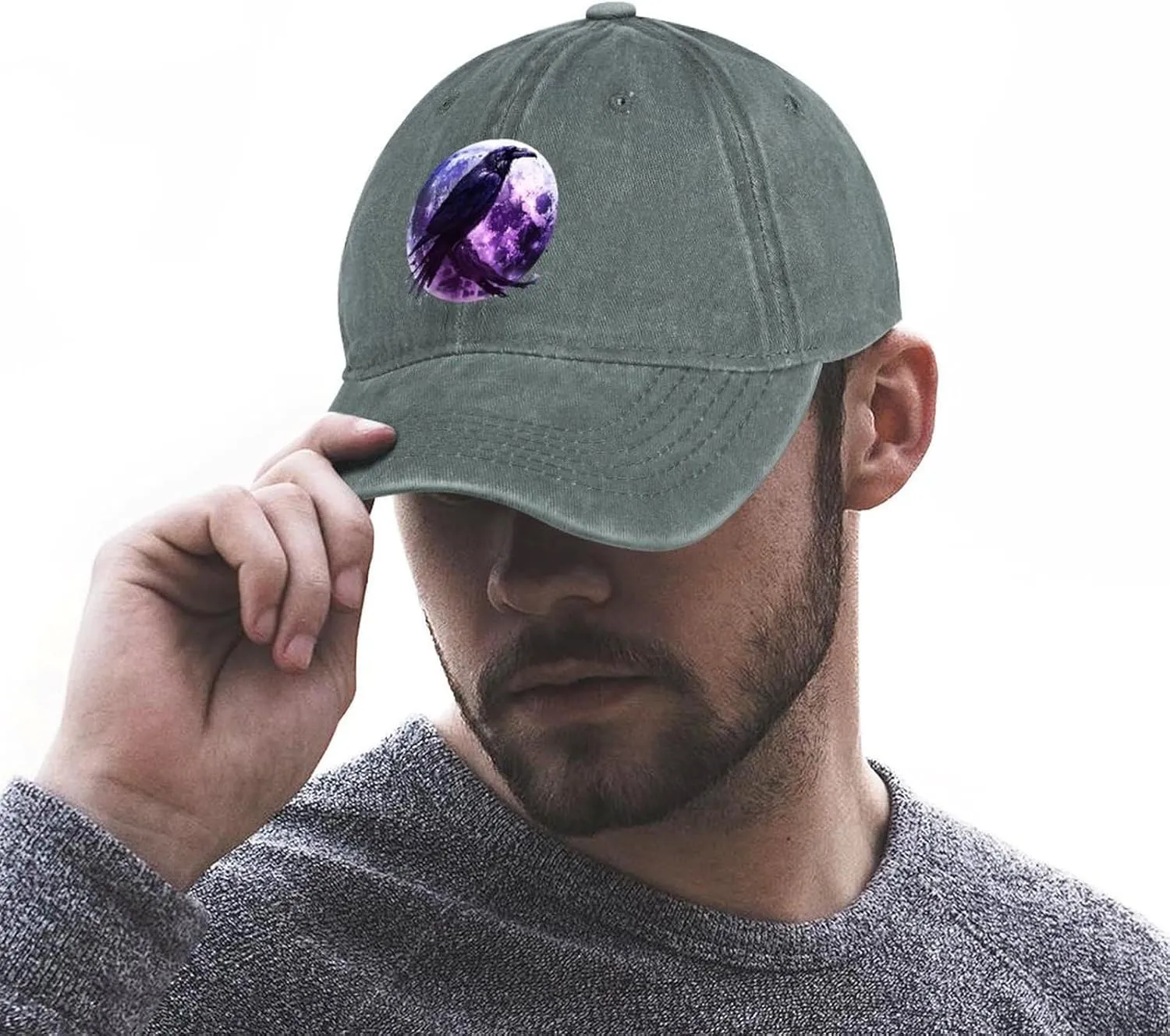 Moon and Raven Adjustable Baseball Cap Cotton Vintage Denim Sun Visor Dad Hat for Men Women