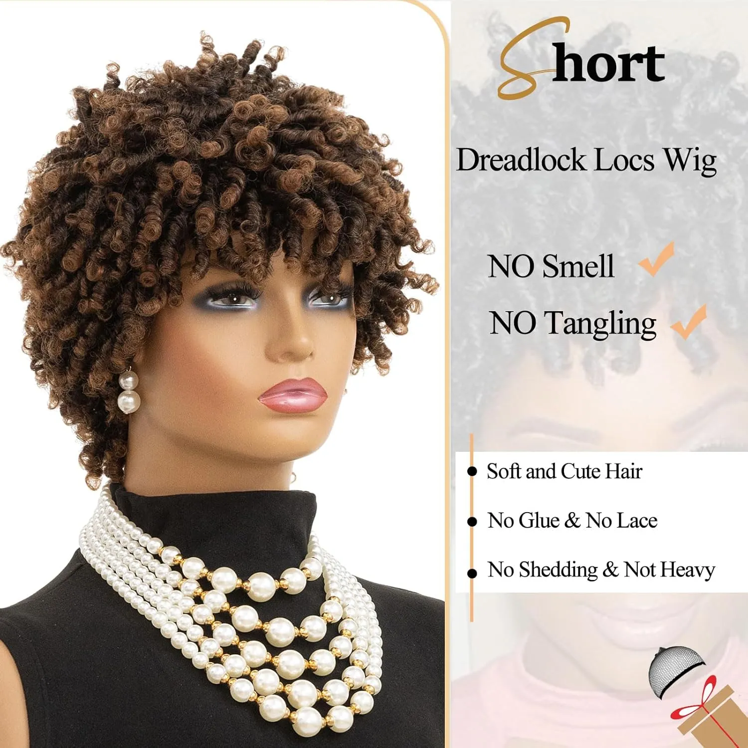MOONSHOW Short Braided Wigs for Black Women Faux Locs Hair Wigs Short Dreadlock Wig Black Afro Curly Kinky Twist Braided Wigs Synthetic 1B Dreads Wig for Black Women