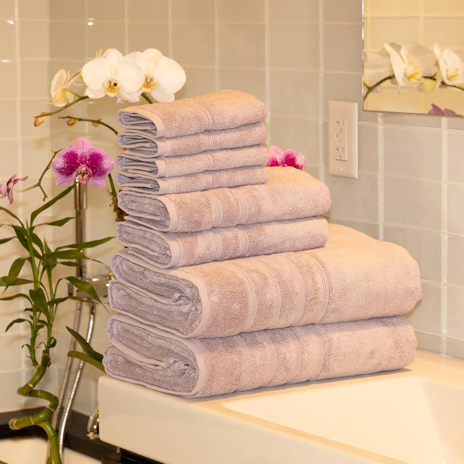 Mosobam Luxury Turkish 8pc XL Towel Set 35X70 16X30 13X13 Lavender Aura 700 GSM Bamboo Viscose & Aegean Turkish Combed Cotton