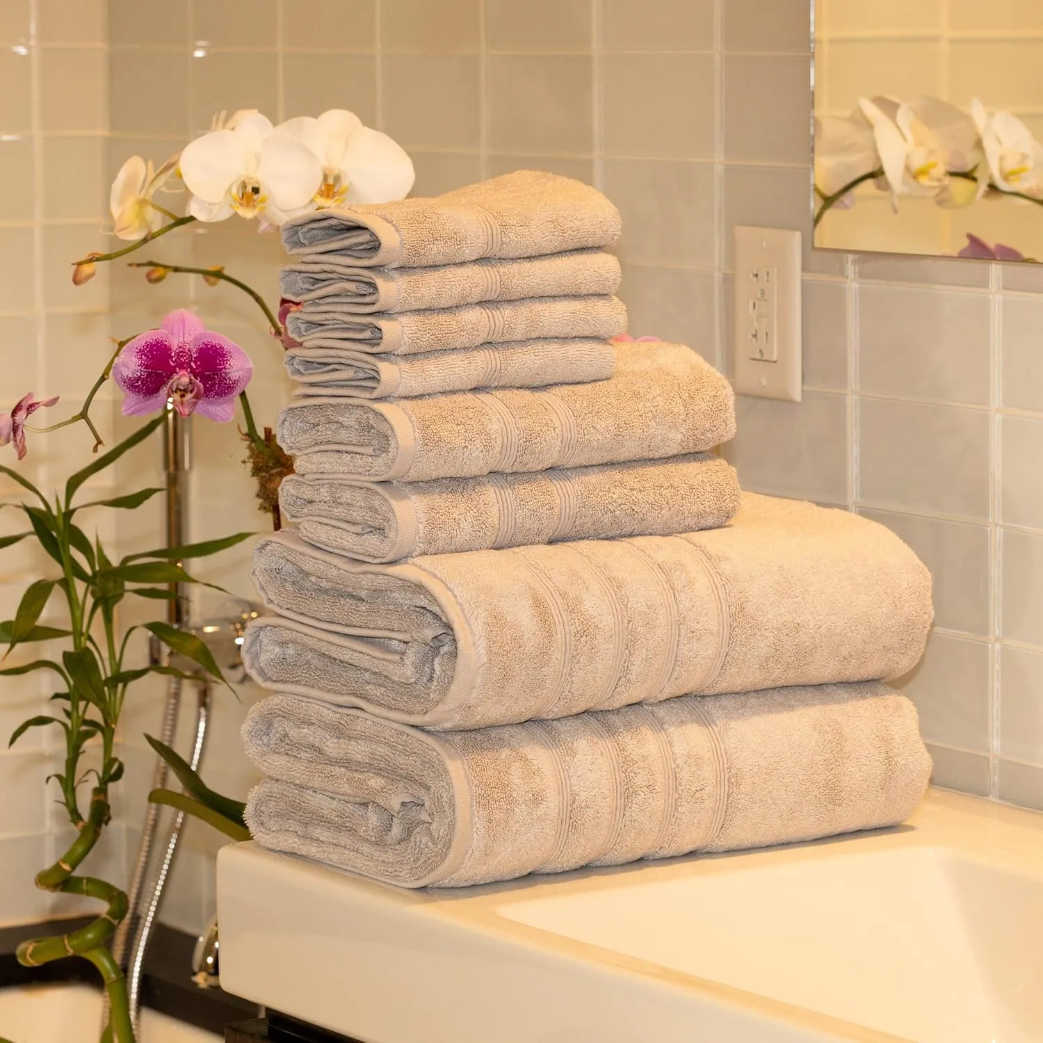 Mosobam Luxury Turkish 8pc XL Towel Set 35X70 16X30 13X13 Light Grey (Gray) 700 GSM Bamboo Viscose & Aegean Turkish Combed Cotton