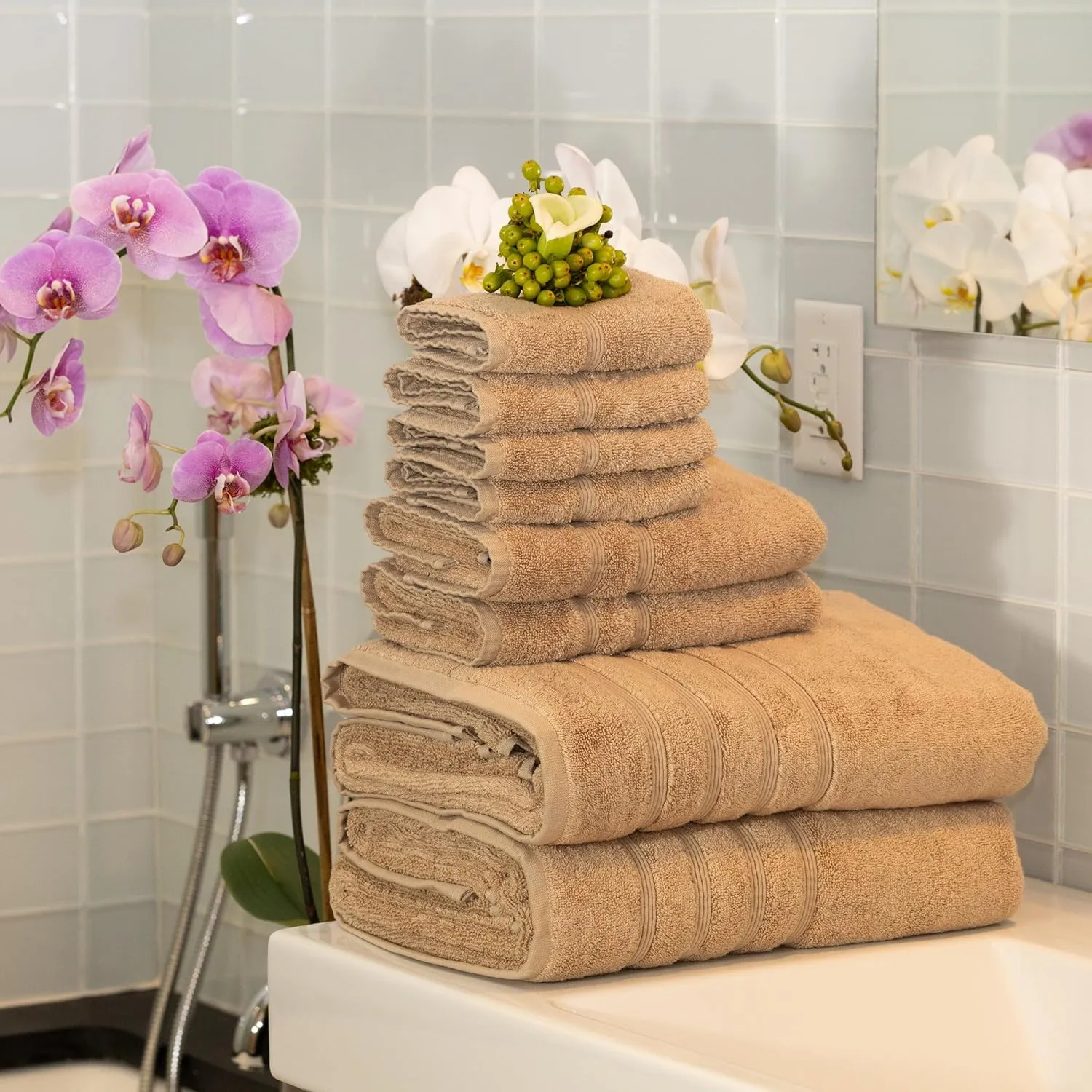 Mosobam Luxury Turkish 8pc XL Towel Set 35X70 16X30 13X13 Light Taupe 700 GSM Bamboo Viscose & Aegean Turkish Combed Cotton