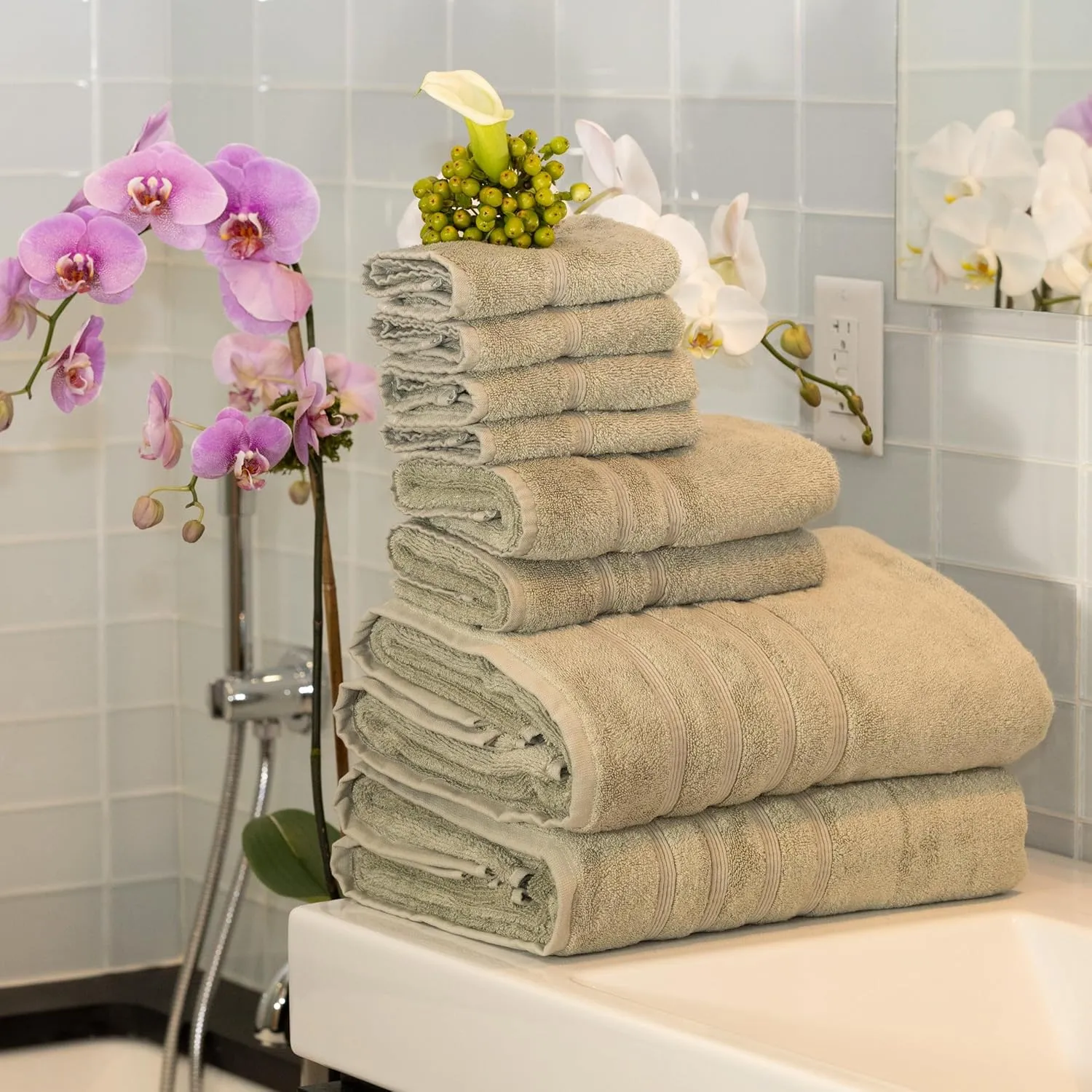 Mosobam Luxury Turkish 8pc XL Towel Set 35X70 16X30 13X13 Seagrass Green 700 GSM Bamboo Viscose & Aegean Turkish Combed Cotton