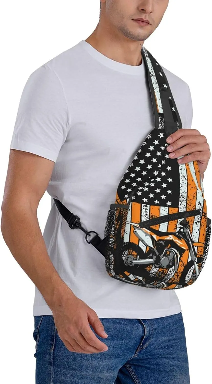 Motocross Dirt bike Motocycle American Flag Sling Bag Crossbody Bag Casual Chest Bags Travel Shoulder Backpack