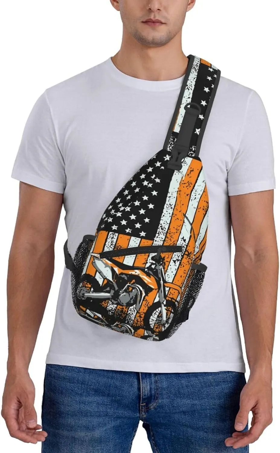 Motocross Dirt bike Motocycle American Flag Sling Bag Crossbody Bag Casual Chest Bags Travel Shoulder Backpack