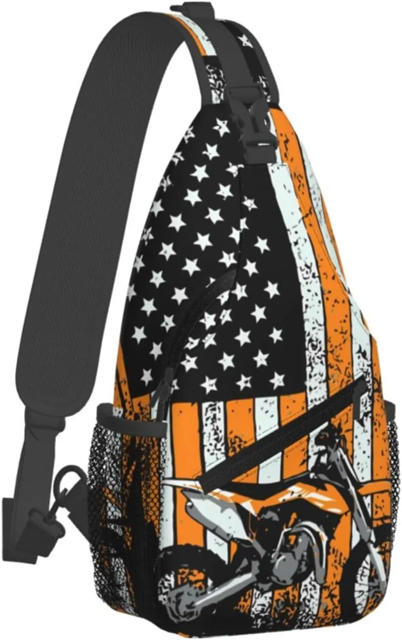 Motocross Dirt bike Motocycle American Flag Sling Bag Crossbody Bag Casual Chest Bags Travel Shoulder Backpack