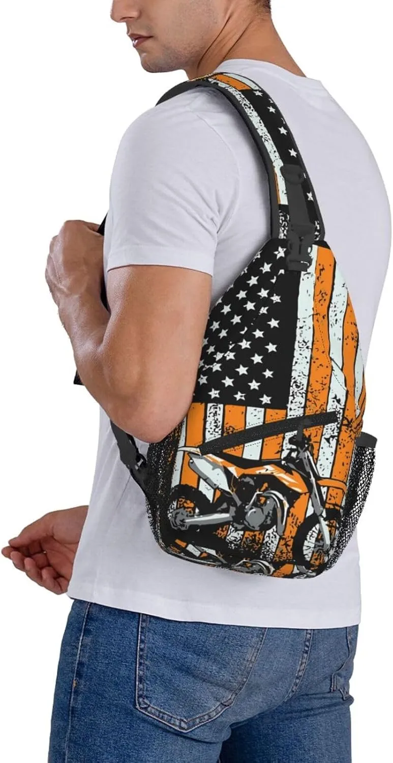 Motocross Dirt bike Motocycle American Flag Sling Bag Crossbody Bag Casual Chest Bags Travel Shoulder Backpack