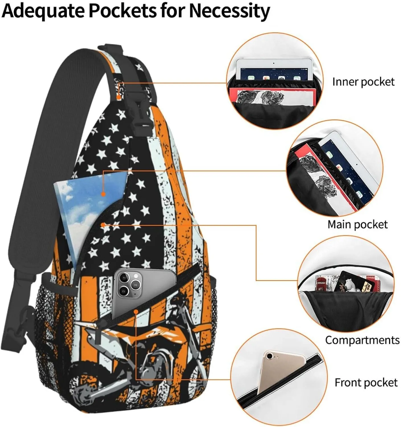 Motocross Dirt bike Motocycle American Flag Sling Bag Crossbody Bag Casual Chest Bags Travel Shoulder Backpack