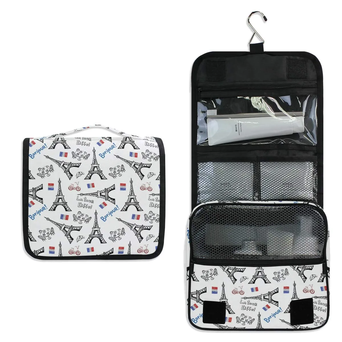 MOYYO Travel Hanging Toiletry Bag Romantic Paris Eiffel Tower Cosmetic Makeup Bag Portable Cosmetic Pouch Waterproof Shower Bag Travel Organizer Case for Women Girls