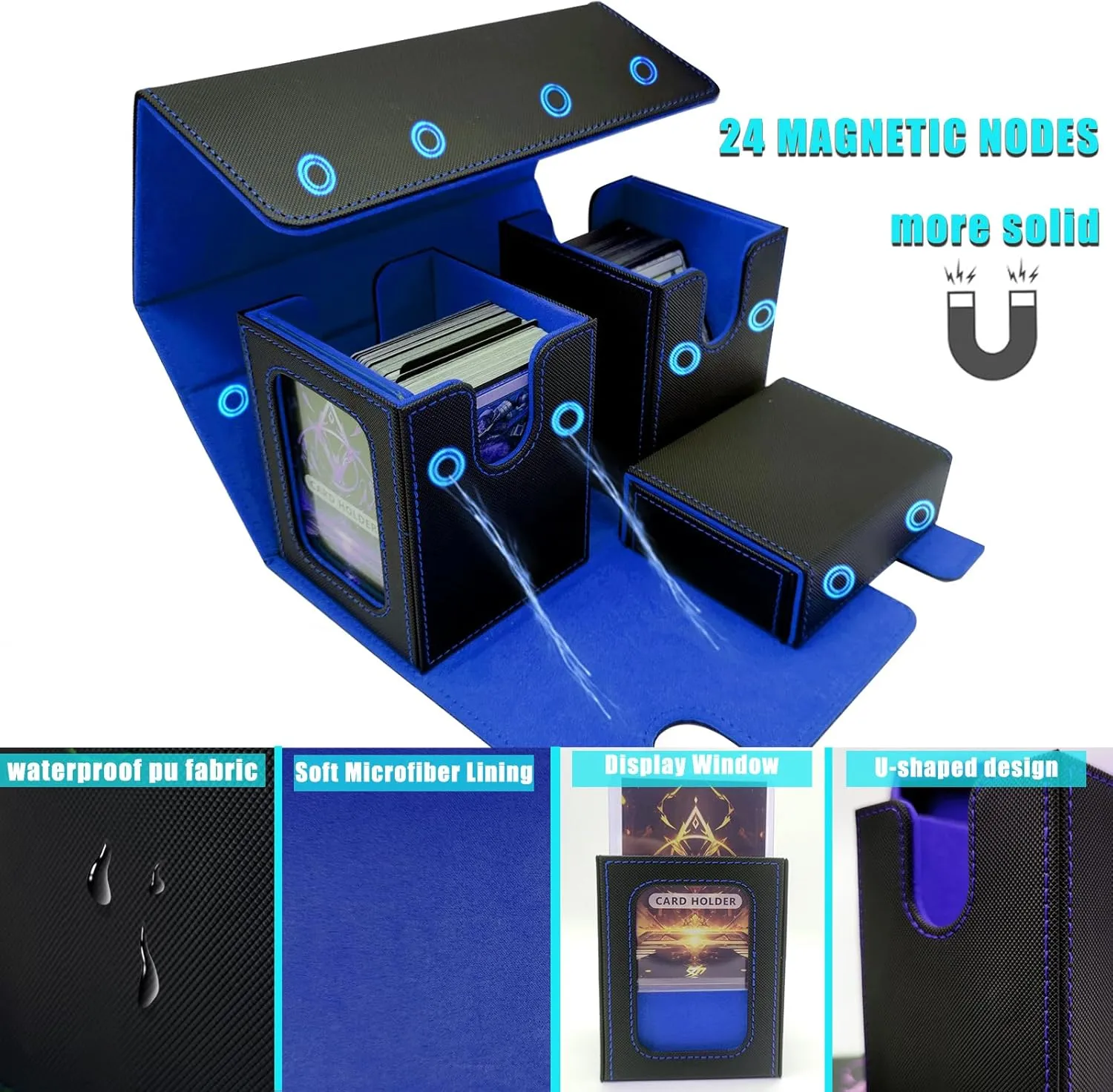 MTG Commander Card Storage Box - Fits 200 Double Sleeved Cards,3-in-1Card Deck Case,Strong Magnet Card Organizer For Magic Commander TCG CCG,4Dividers &2 Toploaders(Black&Blue)
