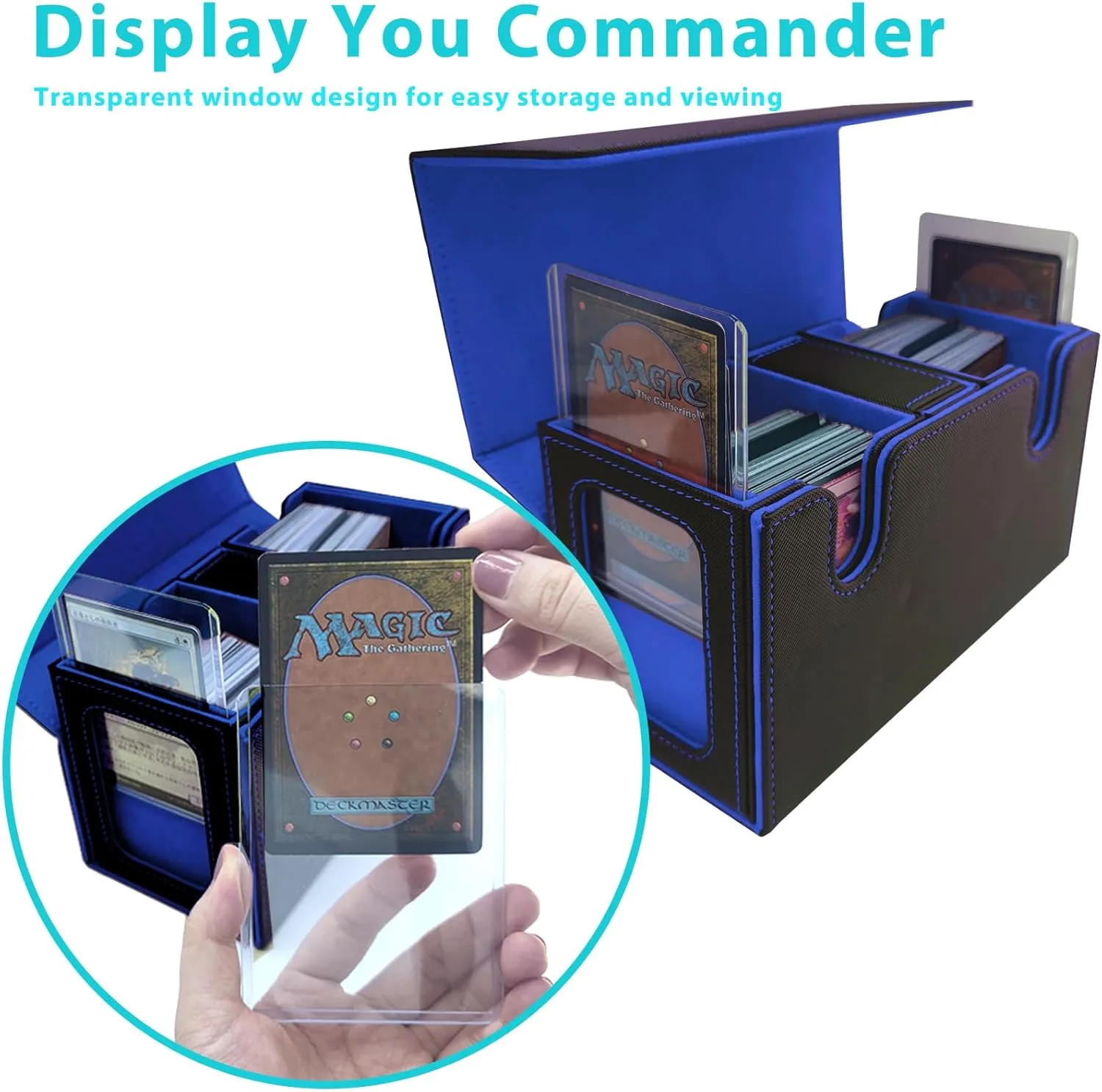 MTG Commander Card Storage Box - Fits 200 Double Sleeved Cards,3-in-1Card Deck Case,Strong Magnet Card Organizer For Magic Commander TCG CCG,4Dividers &2 Toploaders(Black&Blue)