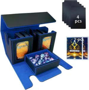 MTG Commander Card Storage Box - Fits 200 Double Sleeved Cards,3-in-1Card Deck Case,Strong Magnet Card Organizer For Magic Commander TCG CCG,4Dividers &2 Toploaders(Black&Blue)