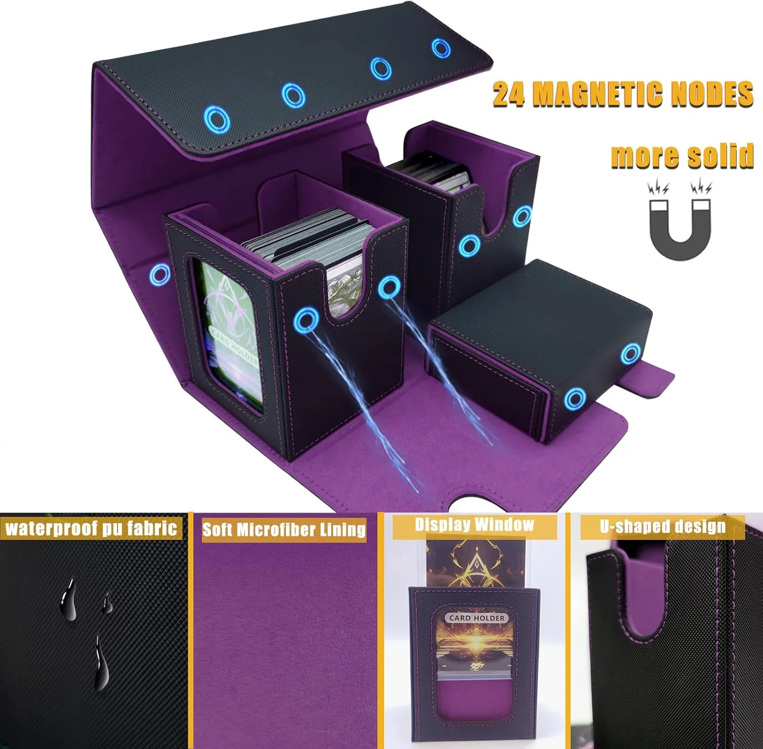 MTG Commander Card Storage Box - Fits 200 Double Sleeved Cards,3-in-1Card Deck Case,Strong Magnet Card Organizer For Magic Commander TCG CCG,4Dividers &4 Toploaders(Black&Purple)