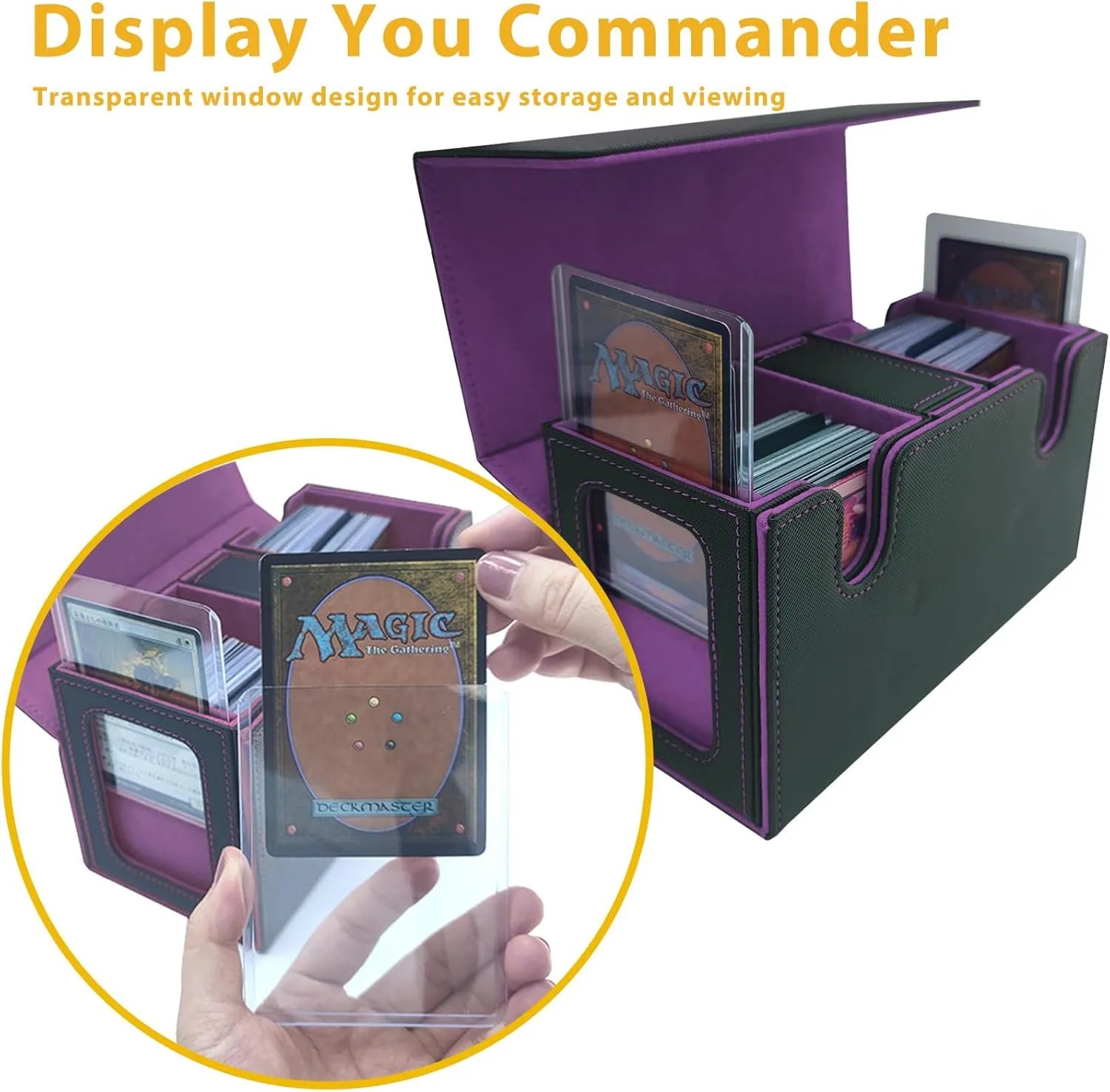 MTG Commander Card Storage Box - Fits 200 Double Sleeved Cards,3-in-1Card Deck Case,Strong Magnet Card Organizer For Magic Commander TCG CCG,4Dividers &4 Toploaders(Black&Purple)