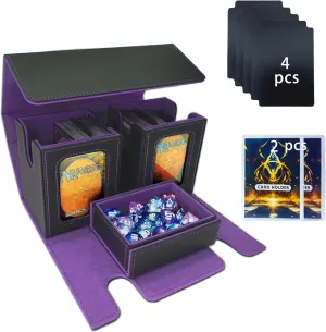 MTG Commander Card Storage Box - Fits 200 Double Sleeved Cards,3-in-1Card Deck Case,Strong Magnet Card Organizer For Magic Commander TCG CCG,4Dividers &4 Toploaders(Black&Purple)