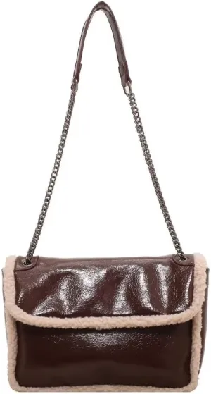 Mudono Shoulder Bag for Women Soft Glossy Crossbody Bag Square Purse Handbag with Faux Shearling Trim and Chain Strap