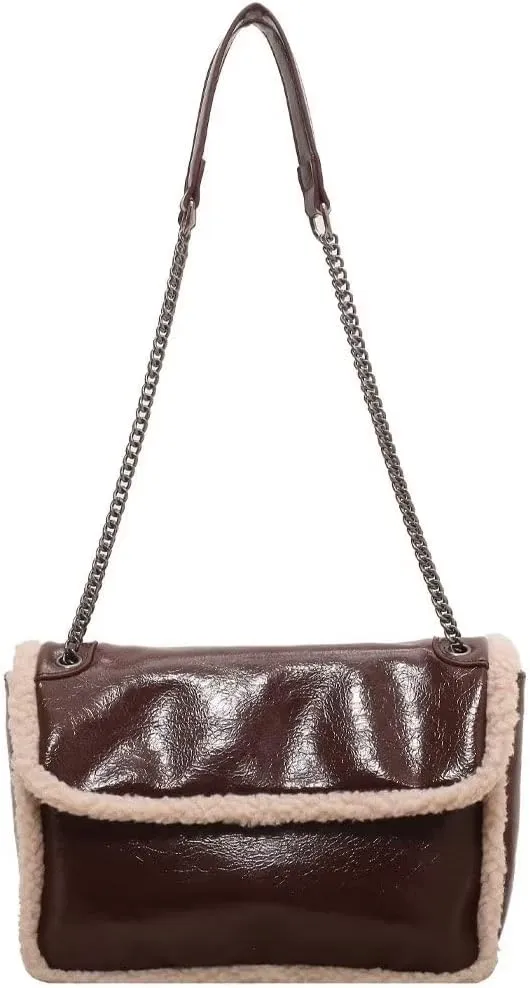Mudono Shoulder Bag for Women Soft Glossy Crossbody Bag Square Purse Handbag with Faux Shearling Trim and Chain Strap