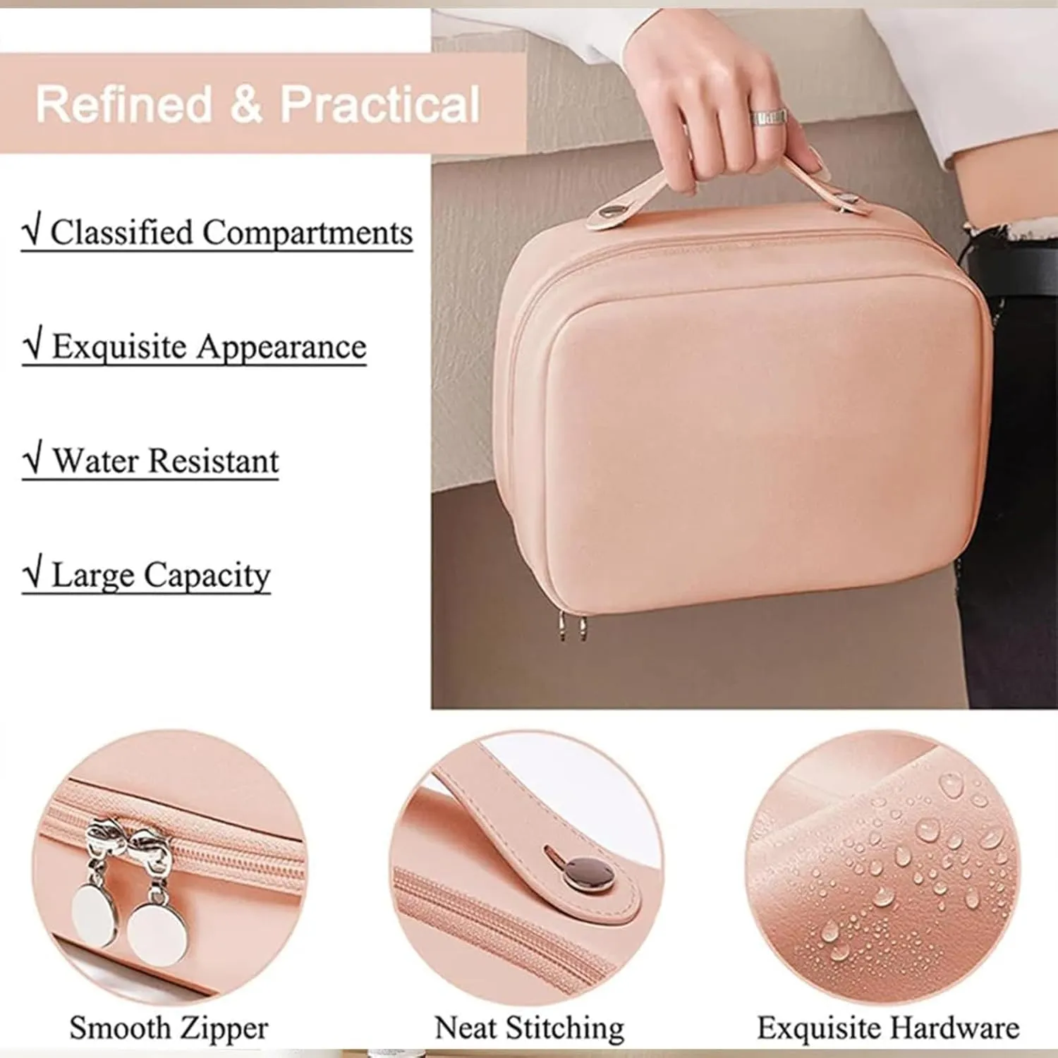Multi Compartment Toiletry Cosmetic Bag, Large capacity, with handles, multiple compartments, waterproof Pu Leather (fruit pink)