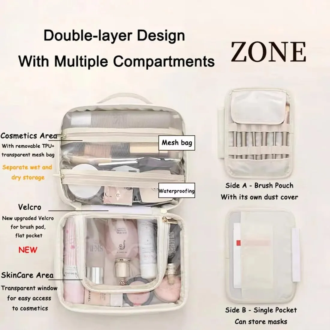 Multi Compartment Toiletry Cosmetic Bag, Super Large Capacity Multi Compartment Toiletry Bag, Multi-Compartment Toiletry Cosmetics Bag With Interlayer, Handle, Waterproof Pu Leather (2Pcs-C)