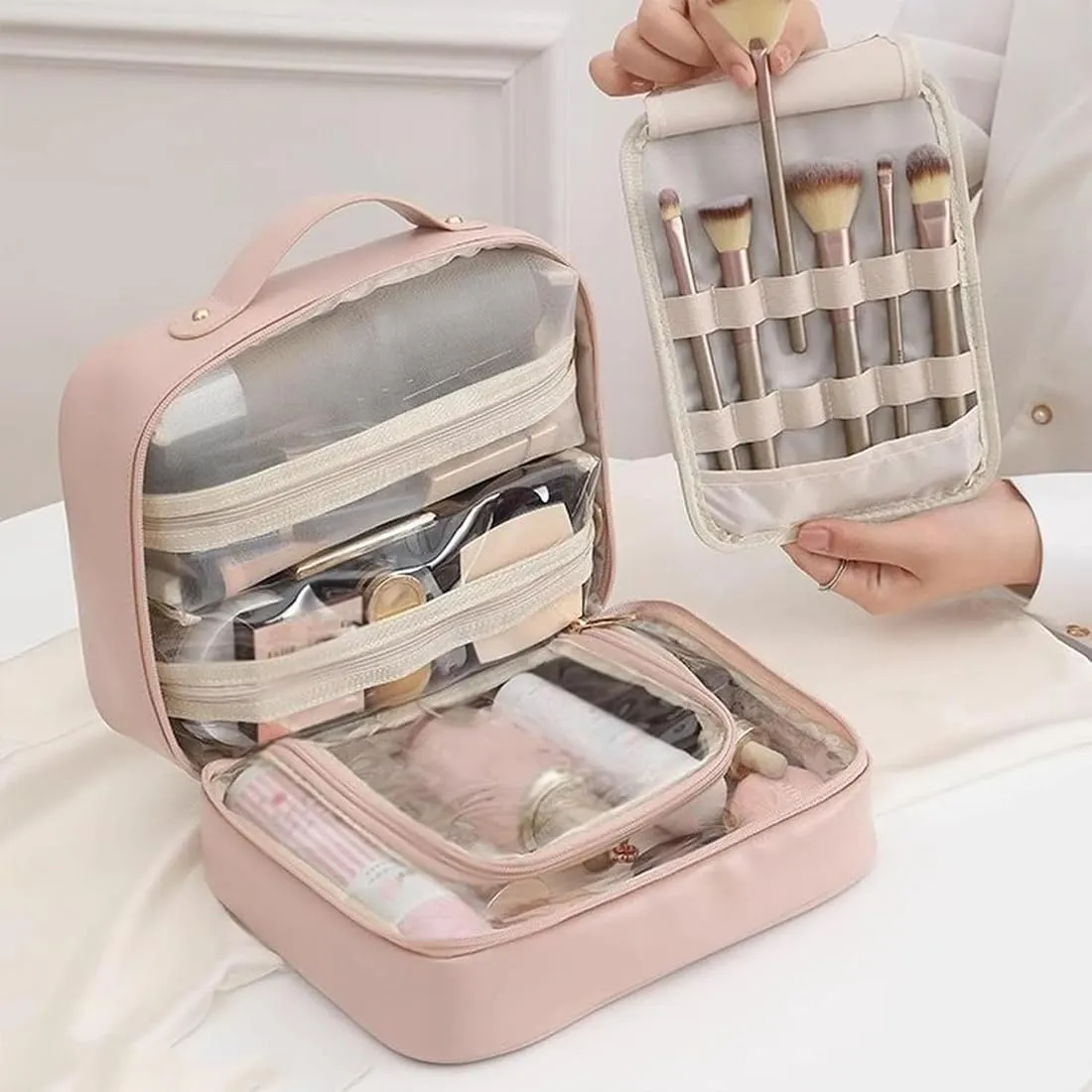 Multi Compartment Toiletry Cosmetic Bag, Super Large Capacity Multi Compartment Toiletry Bag, Multi-Compartment Toiletry Cosmetics Bag With Interlayer, Handle, Waterproof Pu Leather (2Pcs-C)