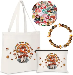 Mushroom Cosmetic Bag & Bracelets Gift Set - 50PCS Mushroom Stickers - Perfect for Women, Travel & Cosmetic Storage