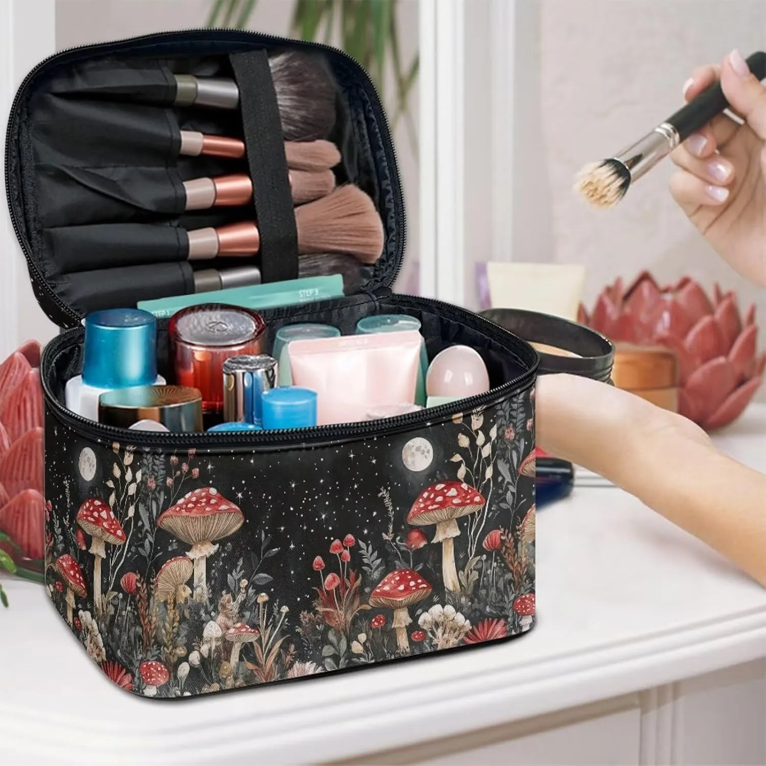 Mushroom Large Capacity Cosmetic Bags for Women Portable Makeup Bag with Zipper Toiletry Bag Travel Makeup Bag with Inner Cosmetic Brush Slots