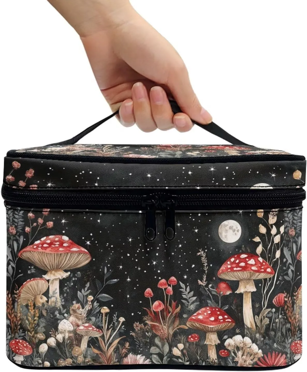 Mushroom Large Capacity Cosmetic Bags for Women Portable Makeup Bag with Zipper Toiletry Bag Travel Makeup Bag with Inner Cosmetic Brush Slots