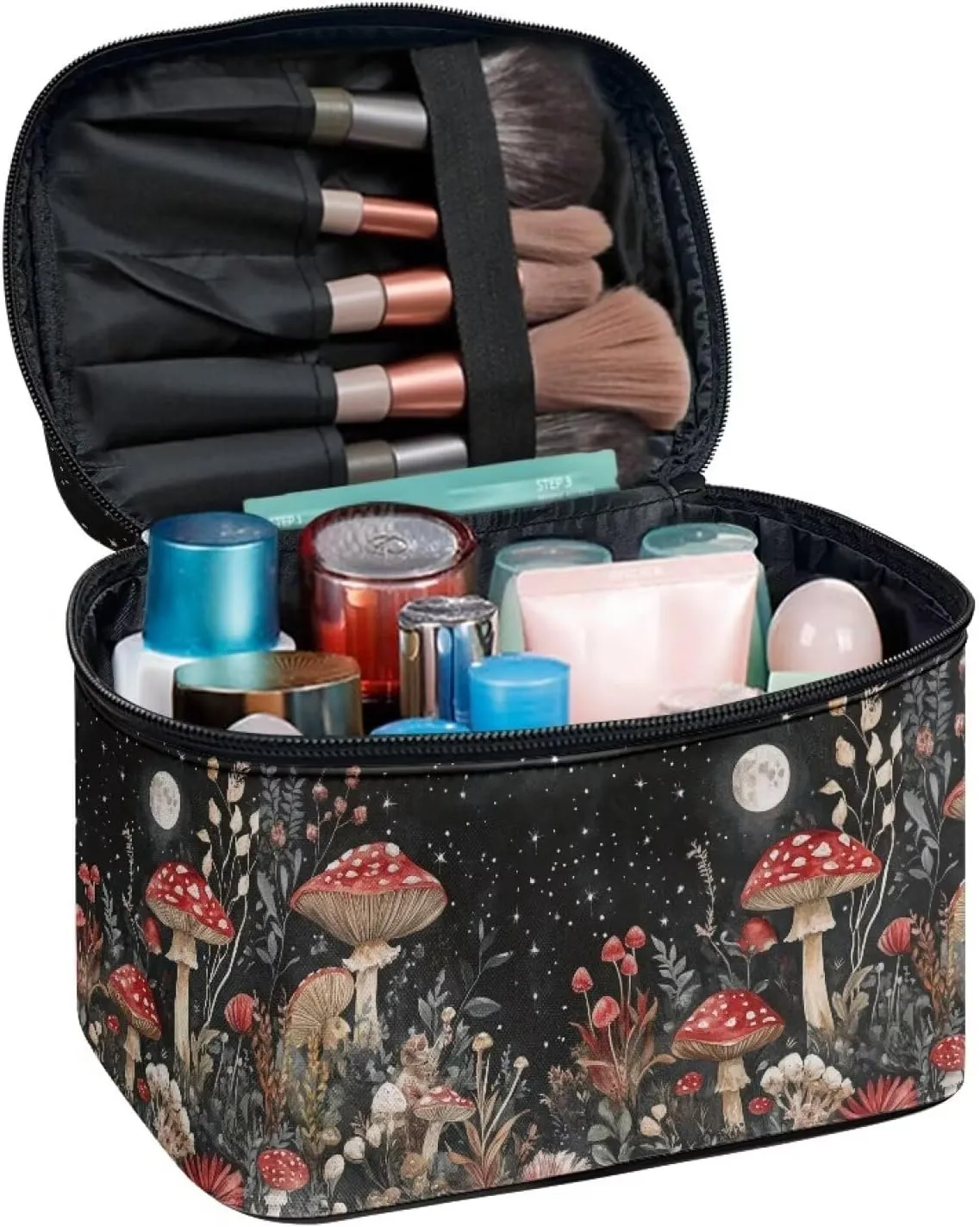 Mushroom Large Capacity Cosmetic Bags for Women Portable Makeup Bag with Zipper Toiletry Bag Travel Makeup Bag with Inner Cosmetic Brush Slots