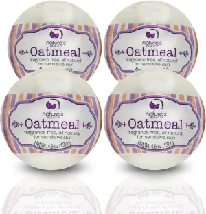 Nature's Beauty Oatmeal Fragrance-Free Bath Bomb Multi-Pack - Natural Hand Crafted, Non-Staining, Luxury Fizzy Spa Bomb, Sooth Dry   Itchy Skin Made w/Almond   Coconut Oil, 4.6 oz (4 Pack)