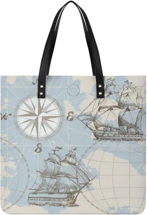 Nautical Sea Map Compass Sailing Ship Women Tote Bags Top Handle Satchel Handbags PU Faux Leather Tassel Shoulder Purse