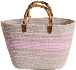 New Striped Large Capacity Cotton Yarn Woven Bag Imitation Bamboo Retro Straw Bag Handheld Beach Bag Women Woven Bag (Rice Flour Stripes)